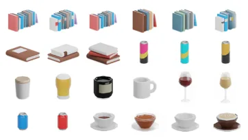 Books, beverages and tableware 3D models featuring book stacks, coffee cups, wine glasses and drink cans for realistic living room scenes