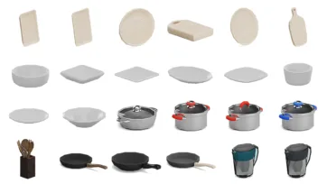Kitchen cookware and utensils 3D model collection including cutting boards, pots, pans and water pitchers - Unity interior assets for culinary scenes