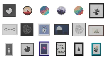 Contemporary wall art and picture frames collection featuring abstract and nature themes for modern 3d room model projects