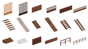 Wooden fence panels, stairs and railings 3D model collection - versatile room model kits components for outdoor and interior scenes