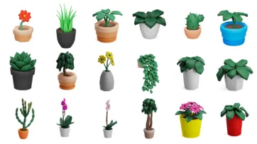Collection of potted plants and flowers 3D models including succulents, cacti and flowering plants - low poly interior models for decoration