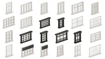 Exterior window 3D models with frames and shutters in various architectural styles for realistic living room and building design