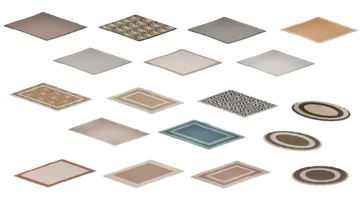 Area rug and carpet texture patterns with geometric and solid designs for interior decorating game room development