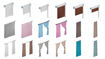 Window treatment 3D models featuring venetian blinds and curtains in various colors and styles for comprehensive interior design projects