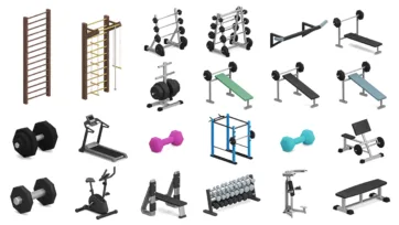 Professional gym and fitness equipment 3D model collection including weight racks, benches, and exercise machines for realistic room design