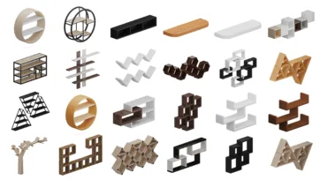 Contemporary shelving and display unit 3D models with geometric designs - low poly interior models for architectural visualization