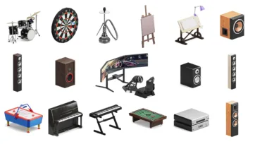 Entertainment and gaming equipment 3D models featuring musical instruments, gaming setup, audio speakers for realistic living room environments