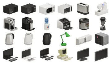 Modern kitchen appliances and electronics 3D models including microwaves, coffee makers, computers and printers - Unity interior assets collection