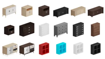 Collection of storage cabinets, sideboards and dresser 3D models in various wood finishes and modern designs for realistic room blender projects