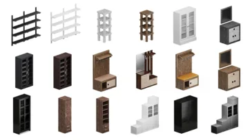 Comprehensive storage and shelving unit collection including bookcases and display furniture - versatile 3D room model components for interior design