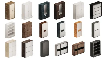 Professional wardrobe and closet 3D model collection in various wood finishes - essential furniture assets for realistic room blender projects