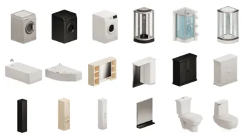 Comprehensive bathroom 3D model collection featuring washing machines, shower enclosures, toilets and storage units for realistic living room design projects