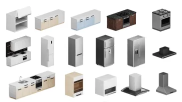 Set of modern kitchen appliances including refrigerators, stoves, and cabinets - realistic 3D models for room design and low poly interior scenes