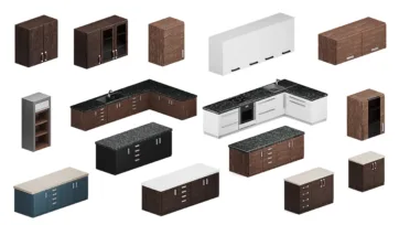 Collection of realistic 3D kitchen cabinet models and wall units in various wood finishes and colors for interior design and Unity game development
