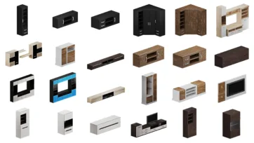 Storage furniture 3d room model collection with wardrobes, entertainment centers, bookcases and modular storage as low poly interior models