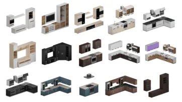 Kitchen cabinet systems for realistic room blender including modular units, appliances and complete kitchen layouts for interior decorating game