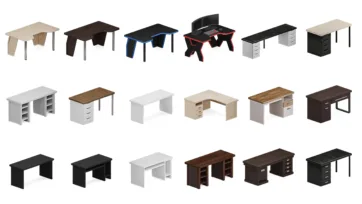 Office desk collection unity interior assets featuring gaming desks, executive furniture and modern workstations for 3d room model design