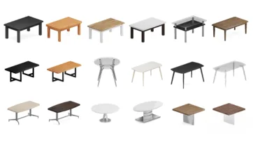 Dining table furniture low poly interior models including rectangular, round and glass tables for interior decorating game environments