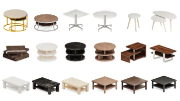 Coffee table collection room model kit with round, square and modern designs in various materials for realistic living room setups