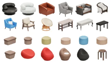 Seating furniture collection for realistic room blender including armchairs, ottomans, bean bags and benches for interior decorating game