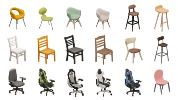Comprehensive chair collection low poly interior models including office chairs, dining seats, bar stools and gaming chairs for room model kits