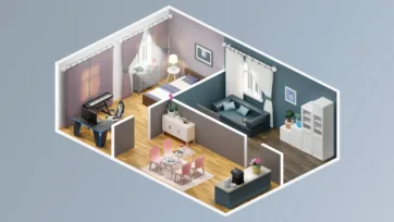 Colorful apartment 3d room model featuring pink dining chairs, teal accent walls, bedroom space and piano area with unity interior assets