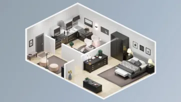 Luxury studio apartment realistic living room with modern kitchen, bedroom area, bathroom and sophisticated dark furniture for interior decorating game