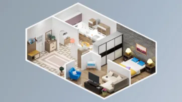 Studio apartment realistic room with brick accent wall, modern bedroom area, kitchen space and colorful contemporary furniture for interior decorating game