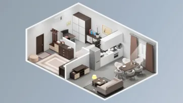 Family apartment unity interior assets featuring home office, modern kitchen, dining area and coordinated furniture arrangement