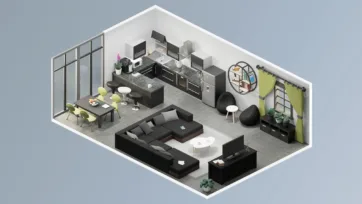 Modern apartment room model with green accent curtains, black sectional furniture, kitchen island and contemporary low poly interior models