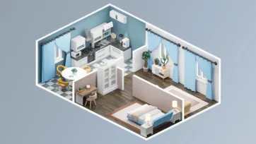 Compact studio 3d interior with blue accent walls, white appliances, bedroom area and efficient unity interior assets layout