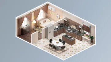 Kitchen and living room realistic living room with granite countertops, warm lighting and coordinated wood furniture for interior decorating game