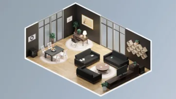Executive office and living space interior design with dark furniture, sectional seating and professional realistic room blender atmosphere
