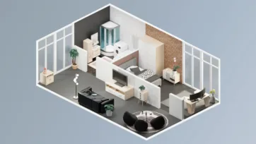 Studio apartment room model kit with exposed brick wall, bathroom area, modern furniture and efficient space planning