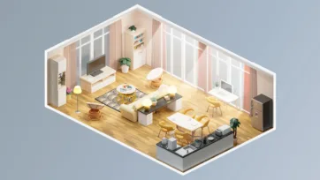 Bright modern apartment 3d room model with yellow dining chairs, open kitchen, circular rug and contemporary realistic living room design