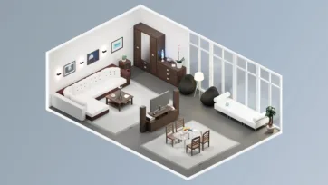 Minimalist living room unity interior assets featuring white sectional sofa, dark wood accents and modern low poly interior models