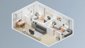 Multi-bedroom apartment realistic room blender layout with office spaces, living area and coordinated furniture for interior decorating game