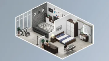 Music room interior design featuring piano, brick accent walls, bedroom area, office space and coordinated furniture as unity interior assets