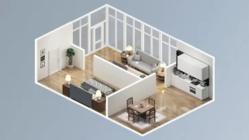 Studio apartment realistic room with glass partition walls, bedroom area, dining space and modern minimalist low poly interior models