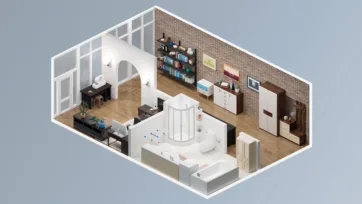 Luxury bathroom 3d interior with circular shower, exposed brick walls, built-in storage and contemporary realistic living room elements