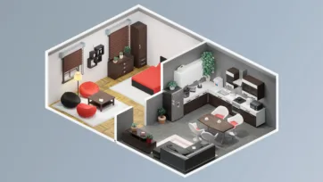 Bedroom and kitchen combo room model kits with red accent furniture, modern appliances and coordinated living space design