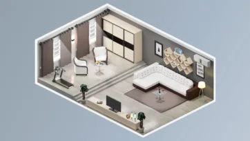 Modern apartment unity interior assets featuring reading nook, white sectional sofa, modular storage and home gym equipment area