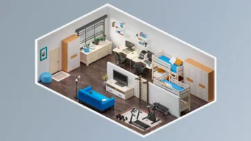 Family home 3d room model with children's bunk beds, home office, fitness area and blue accent furniture for interior decorating game