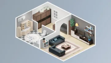 Compact apartment with bathroom, kitchen and living areas as unity interior assets featuring teal sectional sofa and efficient space planning