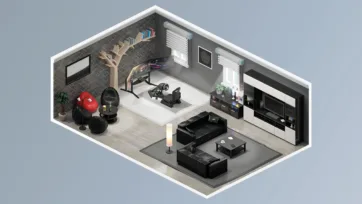 Gaming and entertainment room for interior decorating game featuring racing simulator, black brick walls, sectional seating and modern low poly interior models