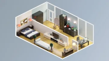 Studio apartment 3d room model combining bedroom, office workspace and realistic living room with modern furniture and warm wood flooring