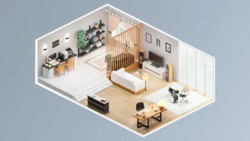 Multi-level music room interior design featuring drum set, wooden room divider, entertainment center and coordinated seating areas