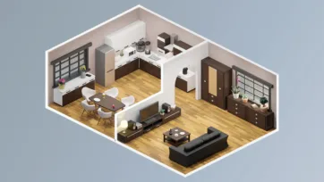 Compact apartment layout room model kits showcasing efficient kitchen design, dining nook, and coordinated living room furniture