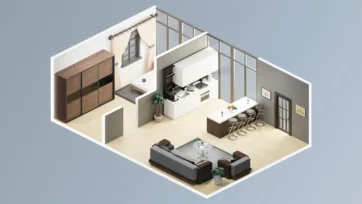 Minimalist open concept realistic living room with neutral palette, kitchen island, bar seating and floor-to-ceiling windows