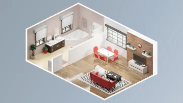 Luxury bathroom and living space unity interior assets with jacuzzi tub, red accent chairs, geometric rug patterns and brick wall details